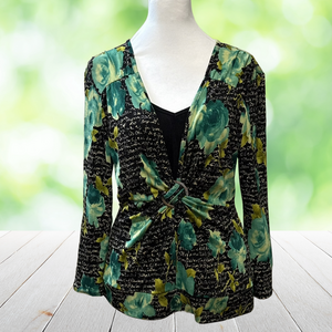Vintage Y2K DANA TAYLOR Top Floral Script Ring Twist Boho Black Green Size S